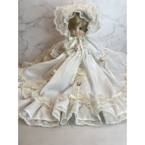 The Unbranded Brand Other - Vintage  Porcelain Doll In A Christening  Dress And Bonnet 10"